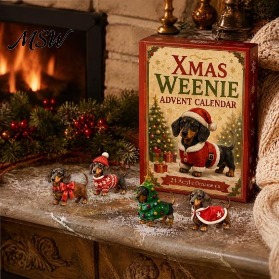 Hundeliebhaber Weihnachtsgeschenk 2026 Dackel Adventskalender, 24 Tage Sammlerüberraschungen mit festlichem Xmas-Geschenk für Tierliebhaber Welpen Acrylfiguren