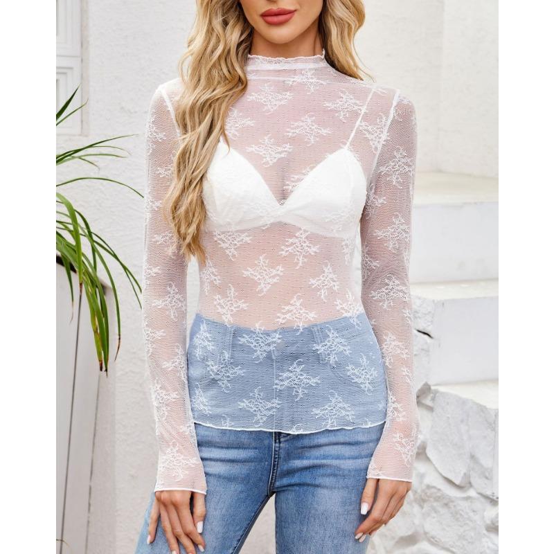 Women Sexy Slim Fit Lace Mesh Long Sleeve Pullover Bottoming Shirt