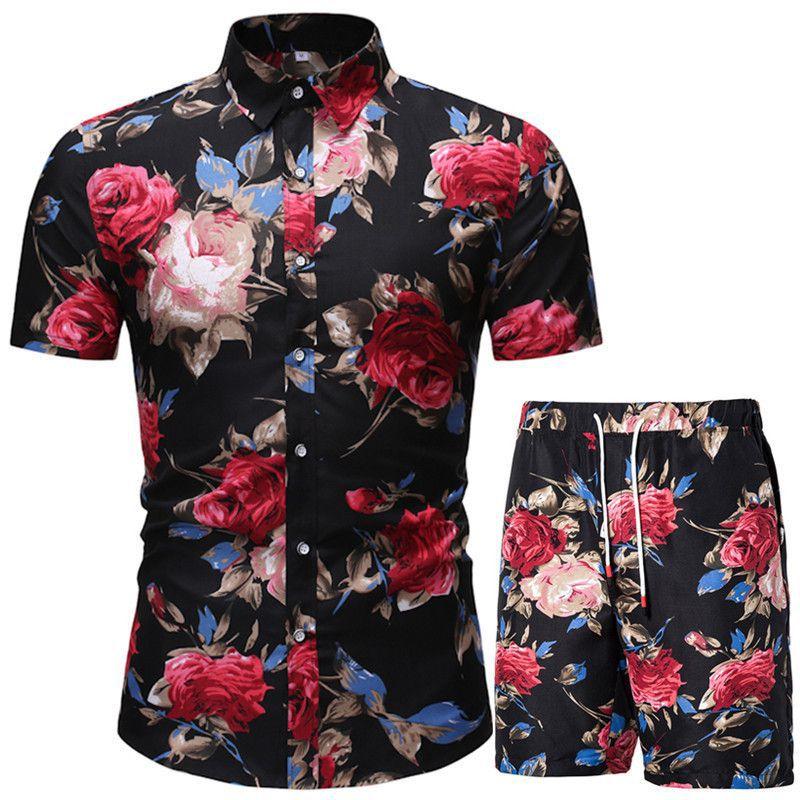 Hawaiian Beach Flower Shirt Short Sleeve Men's Large Size Shirt Shorts Printed Two-piece Suit