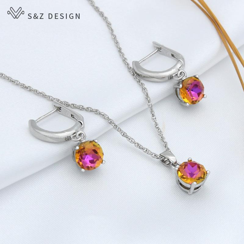 Fashion Rose Gold Color Round Crystal Drop Earrings Pendant Necklace Jewelry Sets For Women Wedding Party Gift