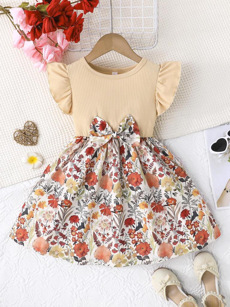 Girls Floral Print Dress with Bow, Ruffle Sleeve Ribbed Bodice Casual Summer Outfit