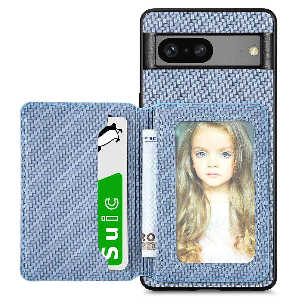 For Google Pixel 7a PU Leather Coated PC+TPU Magnetic Phone Cover Carbon Fiber Texture Shockproof Anti-sratch Phone Case Wallet Kickstand