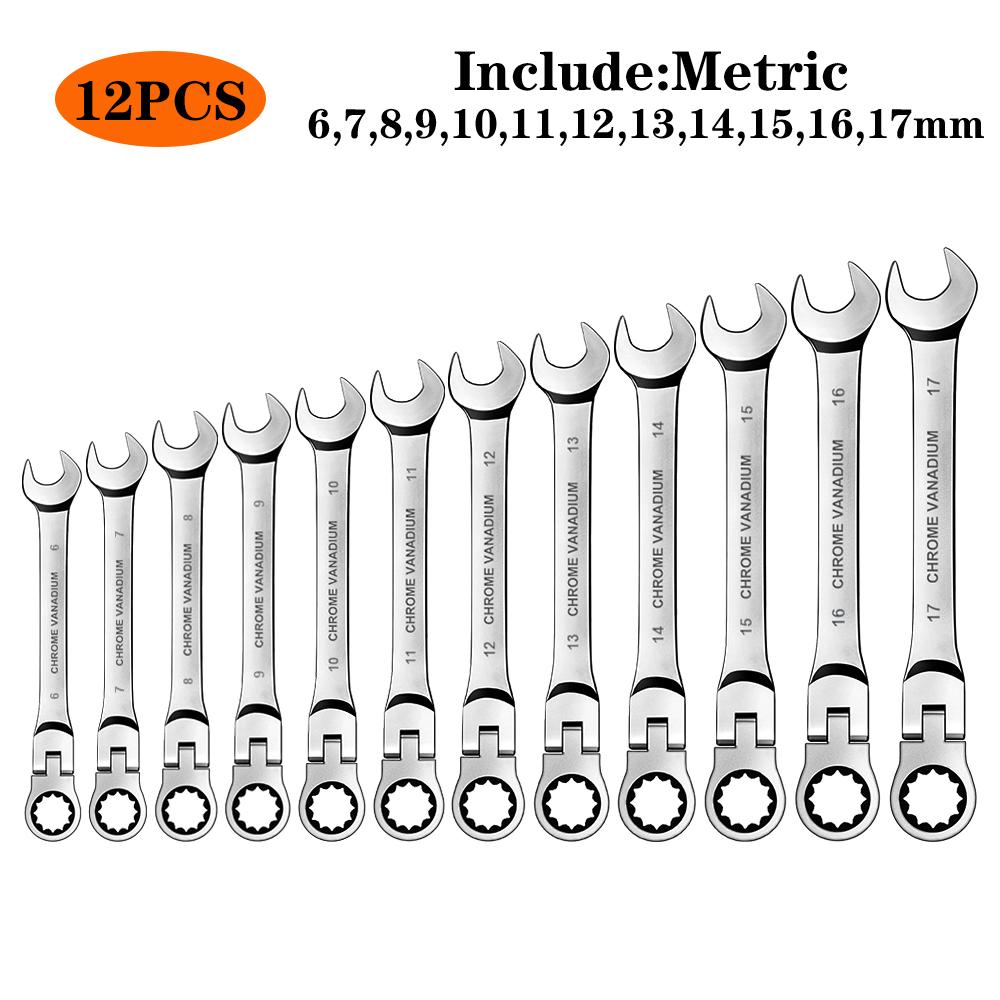 WOZOBUY Flex Head Ratchet Wrench Set,Metric,Chrome Vanadium Steel Combination Spanner Key Wrench Kits Hardware Hand Tool