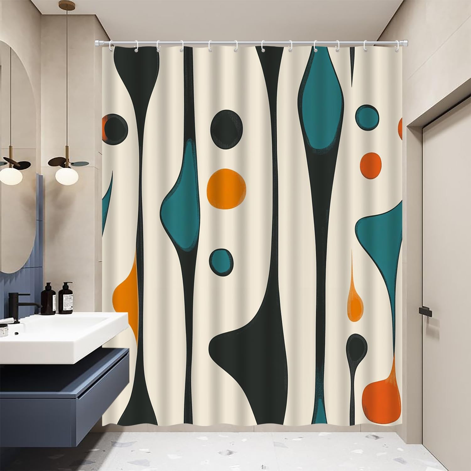 

Black Beige Teal Printed Shower Curtain Abstract Geometric Fluid Shape Modern For Bathroom Decor W60H190(CM)-1 Pcs