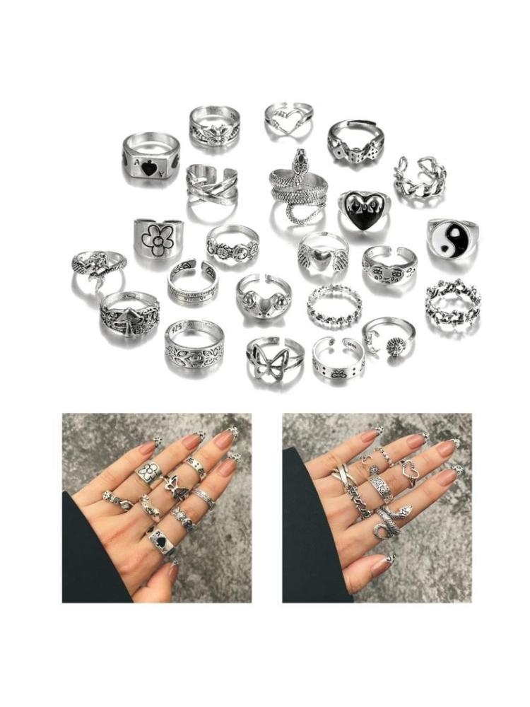 A52E 24Pcs Elegant Grunge Rings Collection Including Flower And Butterfly for Women CN