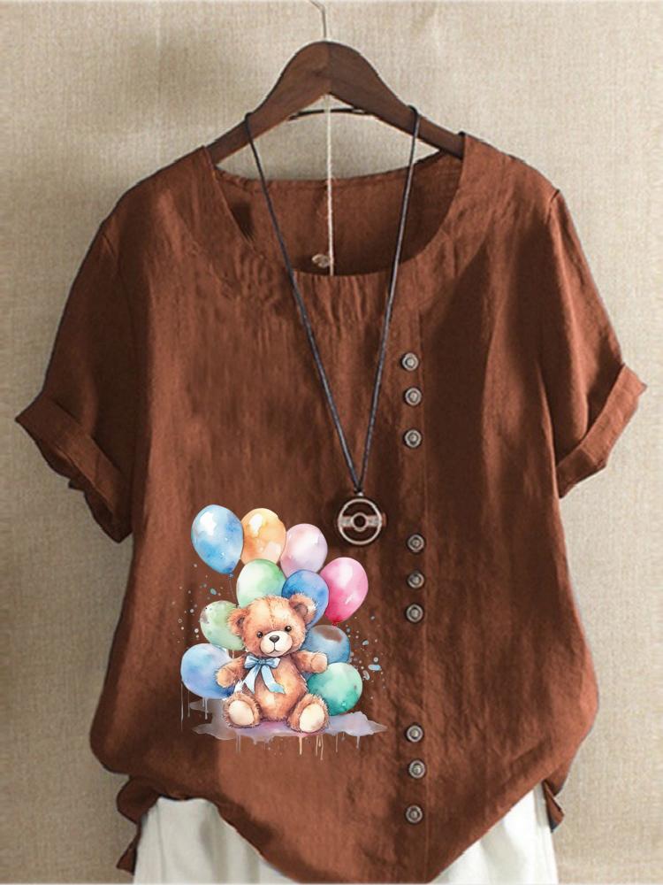 Women's Fashion Bear Print Round Neck Short Sleeve T-shirt Summer Casual Cotton Linen Graphic Shirt Leisure Loose Blouse Tops