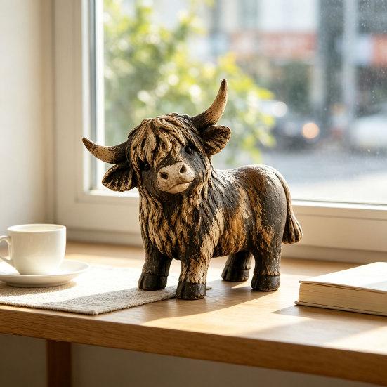 Warm Rustic Interior Ornaments Farmhouse Highland Cow Figurine, Resin Scottish Bull Statue, Durable Sculpture for Office Tabletop Ornament,