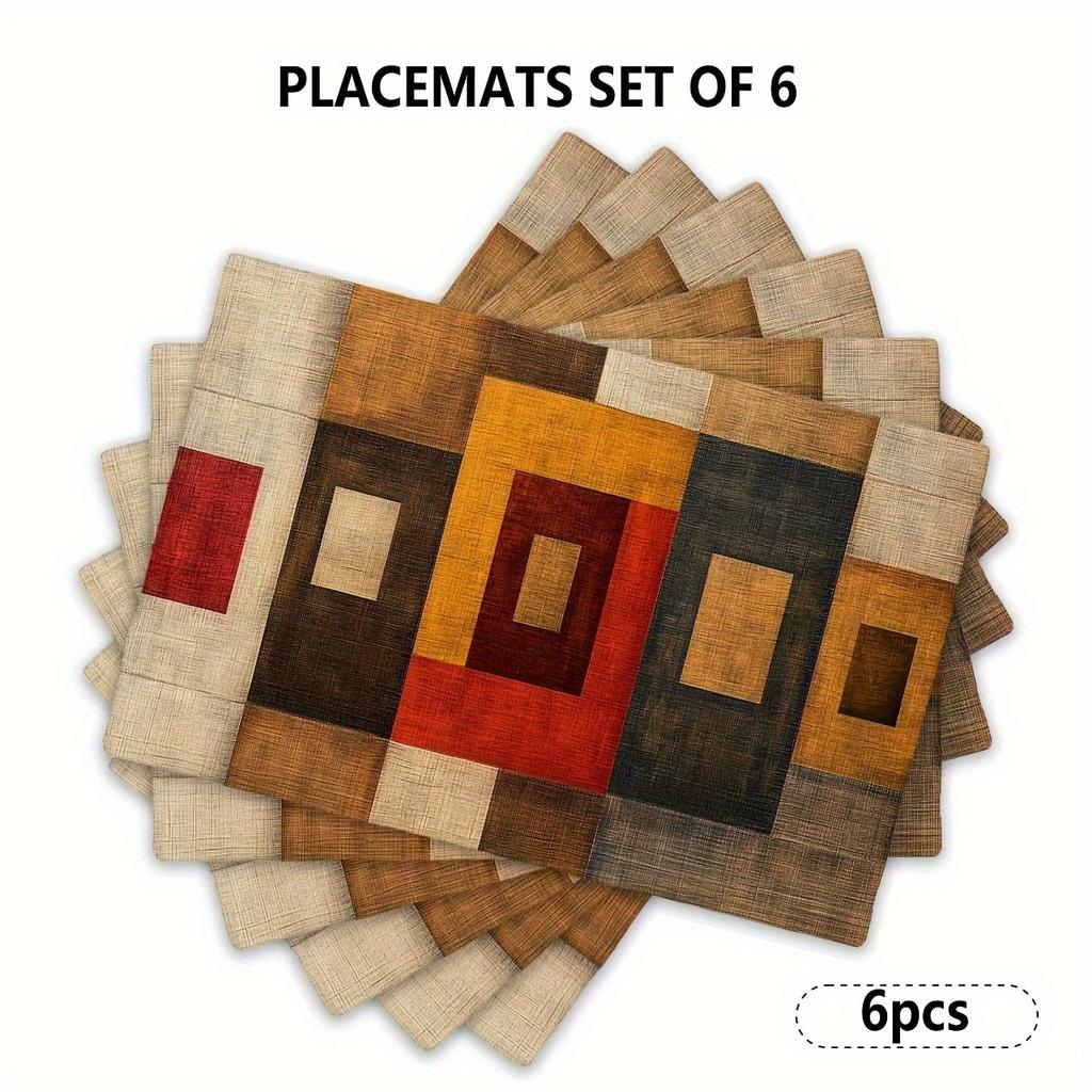 JIT4/6pcs Linen Placemat Set, Square Color Block Combination Placemats Measuring 12X18 Inches, Suitable for Kitchen Dining, Holiday Meals, And Coffee