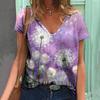 Summer V-neck 3D Flower Printed Top Fashionable Casual Short Sleeved Women's T-shirts