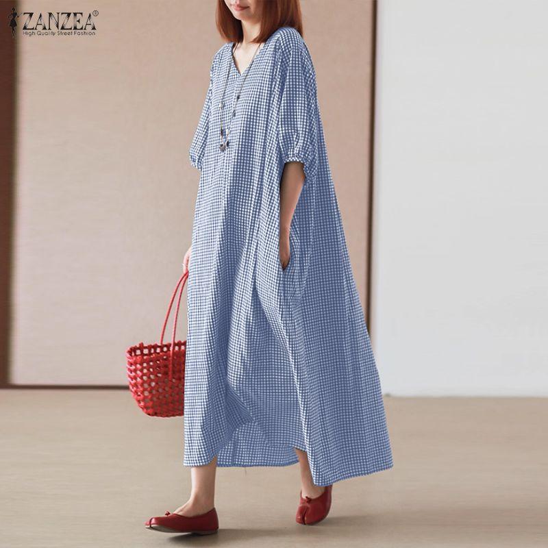 ZANZEA Women Casual V-Neck Loose Half Sleeve Grid Print Long Dress