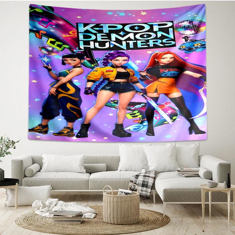 KPop Demon Hunters Print Tapestry - Portable Wall Decor Cloth, for Home, Dorm, Travel, Bedroom, Living Room - Ideal Birthday Housewarming Gift