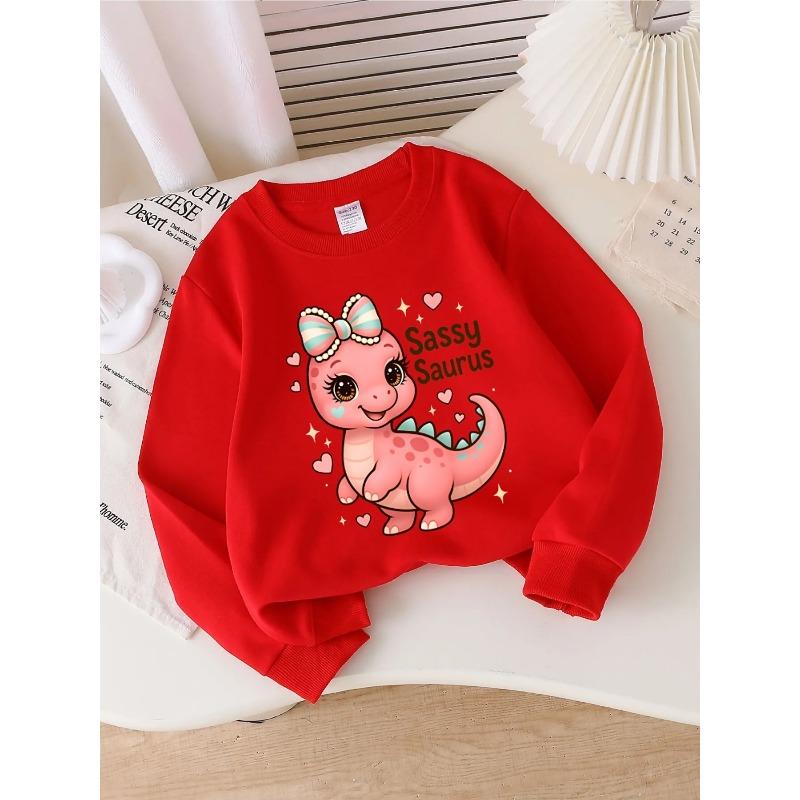 Girls' Crewneck Sweatshirt - Pink Dinosaur with Bow And Hearts Machine Washable, Spring And Autumn, Sportswear And Casual Wear