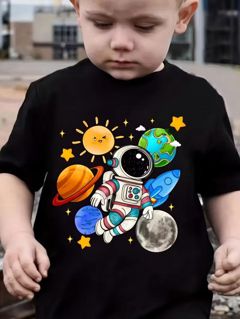 Jungen Kinder Kleidung Stylisch Cartoon Weltraum Astronaut Grafik T-Shirts Jungen Mädchen Sommer Kurzarm Outdoor Kleidung für Kinder
