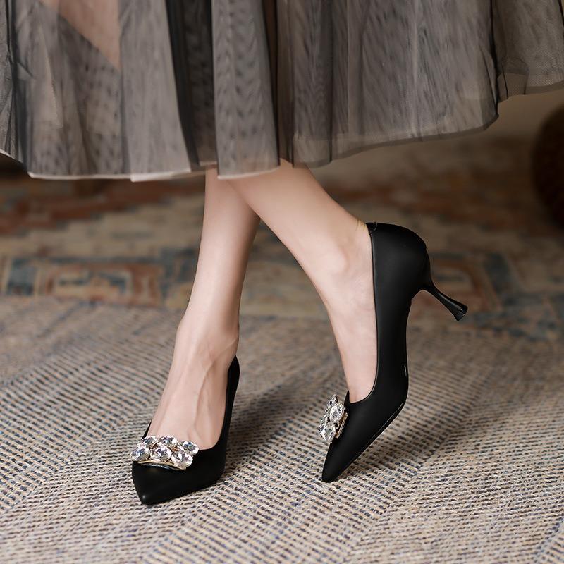 -Rhinestone high heels women's thin heels women's spring and summer casual fashion pointed single shoes