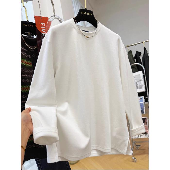 

2026 Spring Women s Loose Casual Solid Color Long Sleeve Round Neck T-shirt 3XL білий