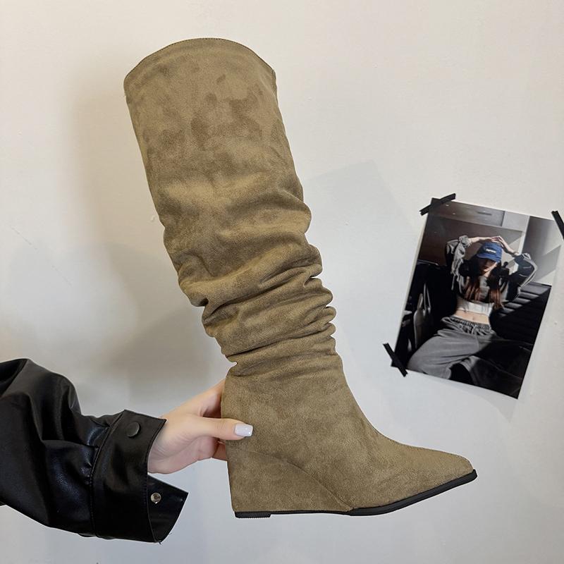 Nightclub Pointed Toe Pleated Women Over the Knee High Boots Wedges High Heels Party Shoes Winter Ladies Thigh High Booties