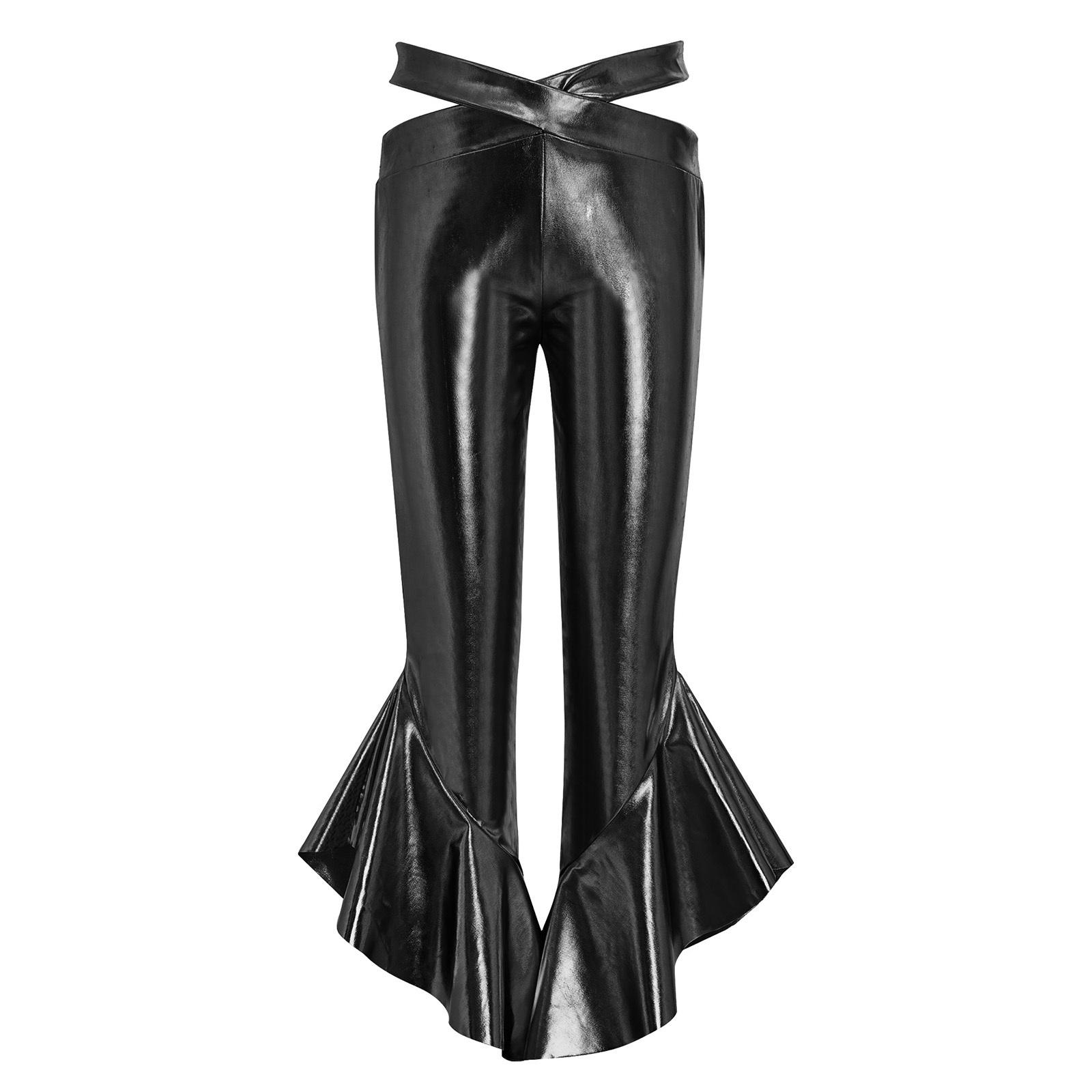Pantaloni Metalici Evazați pentru Fete Talie Încrucișată Volane Pantaloni cu Crinolină Dans Disco 5-6 Years negru