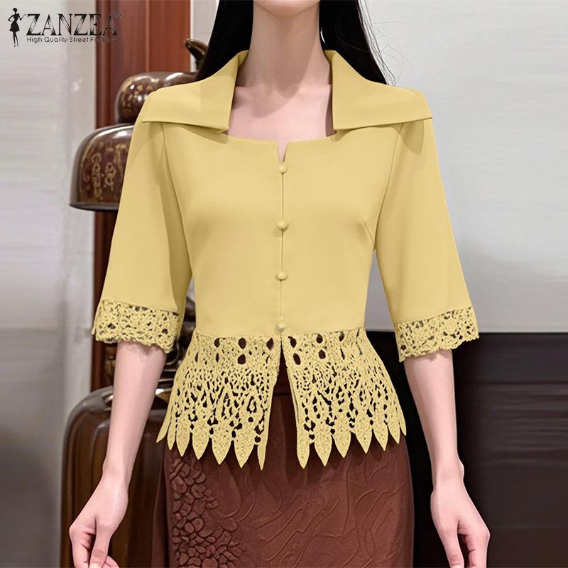 ZANZEA Women Elegant Shirt Collar 3/4 Sleeve Crochet Lace Patchwork Blouse
