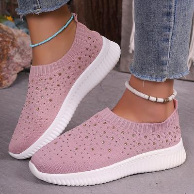 Fashion Fashion Rhinestone Women's Knitted Sneakers 2024 Autumn Slip On Casual Sports Shoes Woman Lightweight Breathable Walking Shoes