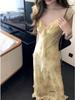 Yellow Strappy Summer Beach Dress: Elegant Ruffled French Style with Puff Sleeves and Cinched Waist