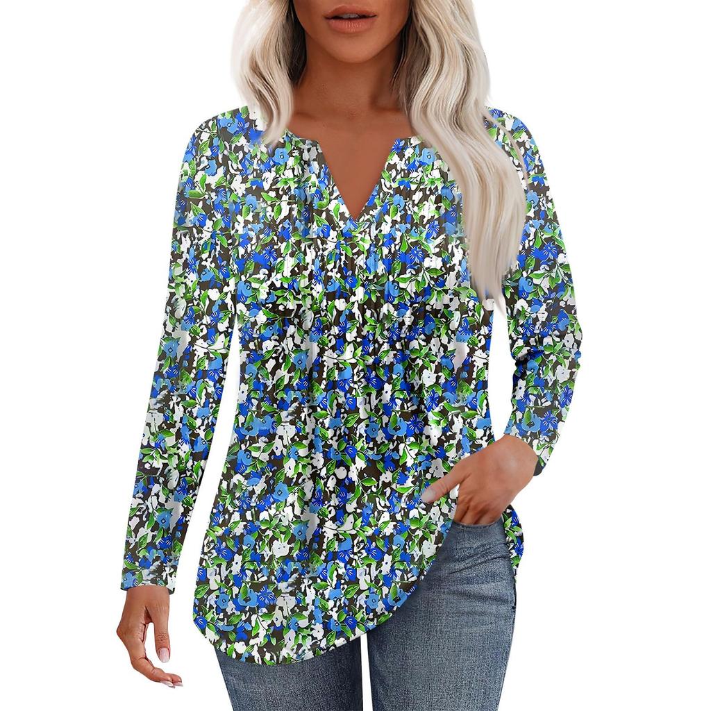 Damska Moda Casual Plisowana Koszulka z Dekoltem V w Jednolitym Kolorze z Długim Rękawem Eleganckie Bluzki