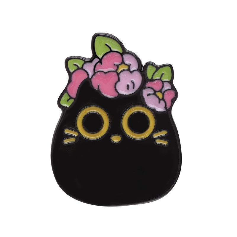 Cute Cat Black Brooch Set With Delightful Floral And Plant Motifs Perfect For Fall Fashion
