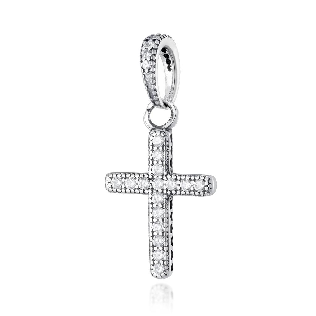 Sparkling CZ Cross Pendant Charm for Bracelet Necklace, 925 Silver Plated, Religious DIY Jewelry Gift for Women Men