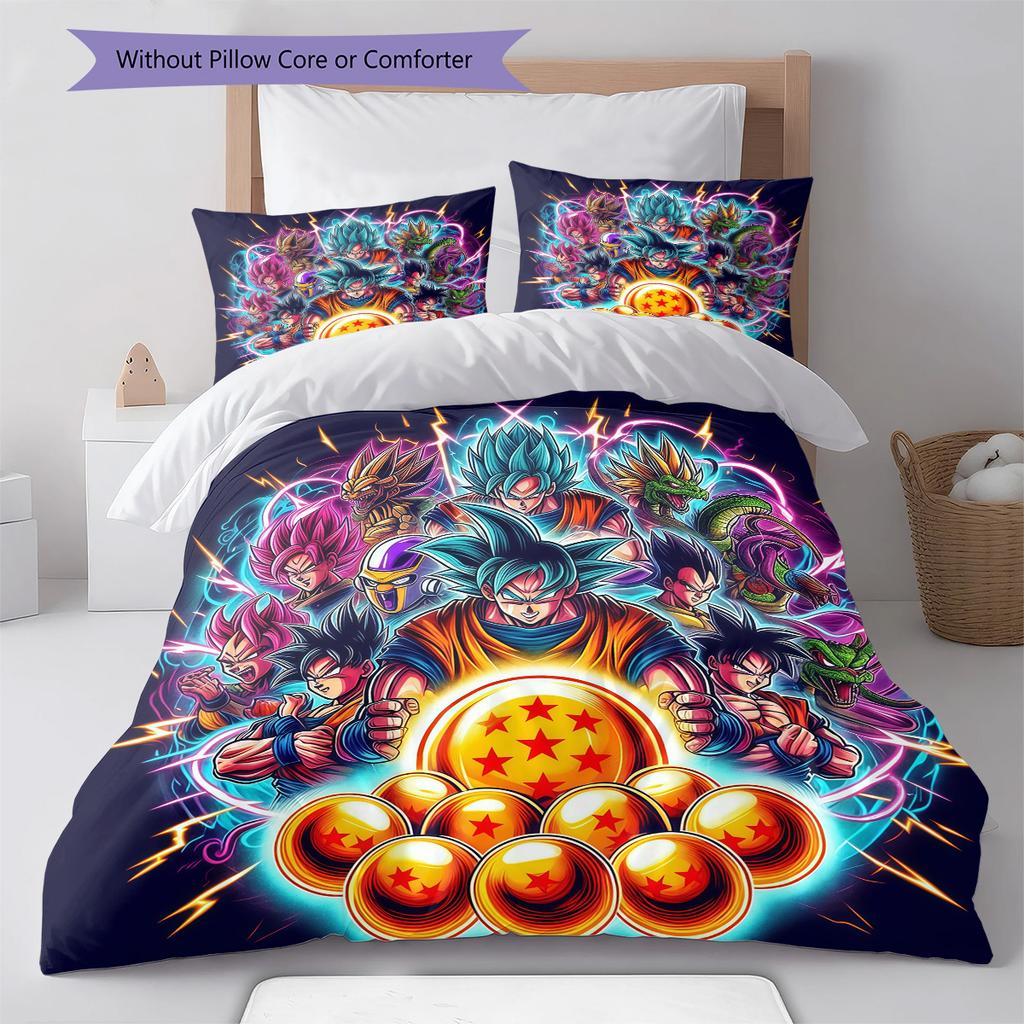 DBZ Anime Pattern Bedding Quilt Set Quilt Cover Pillowcase Home Decoration Birthday Gift (1 * Duvet Cover + 2 * Pillowcase, Without Core)