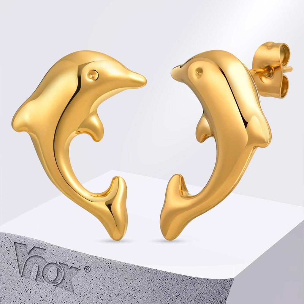Vnox Dolphin Earrings For Women Girls,Stainless Steel Glossy Animal Element Stud Earrings,Exquisite Compact Ear Jewelry Party