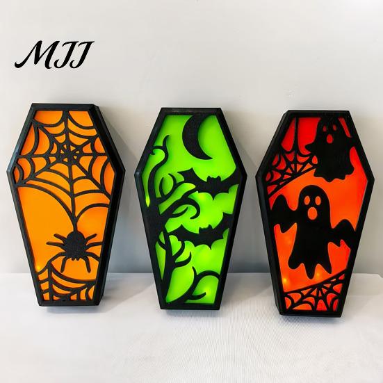 Solid Wood Halloween Craft Casket Decor, DIY Bat Ghost Ornament with Lights, Horror Decoration Spooky Graveyard Scene Prop for Party Home