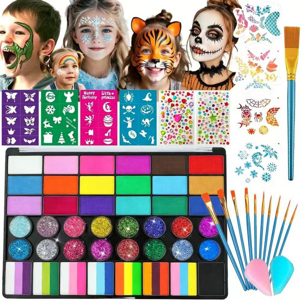 Face Paint Palette, Halloween and Easter Face Painting Makeup, Bright Colors, Quick Drying, Glitter, Gradient Effects & Stencils