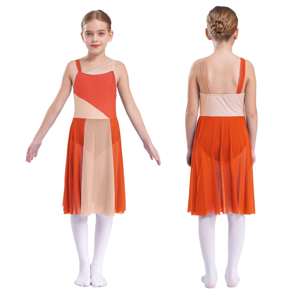 Kids Girls Mesh Overlay Ballet Contemporary Dance Dress Lyrical Leotard Costume Sleeveless Dresses