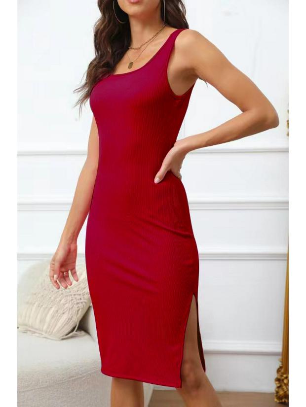 2025 Spring/Summer Elegant Sleeveless Ribbed Slim Fit Slit Dress with Square Neck