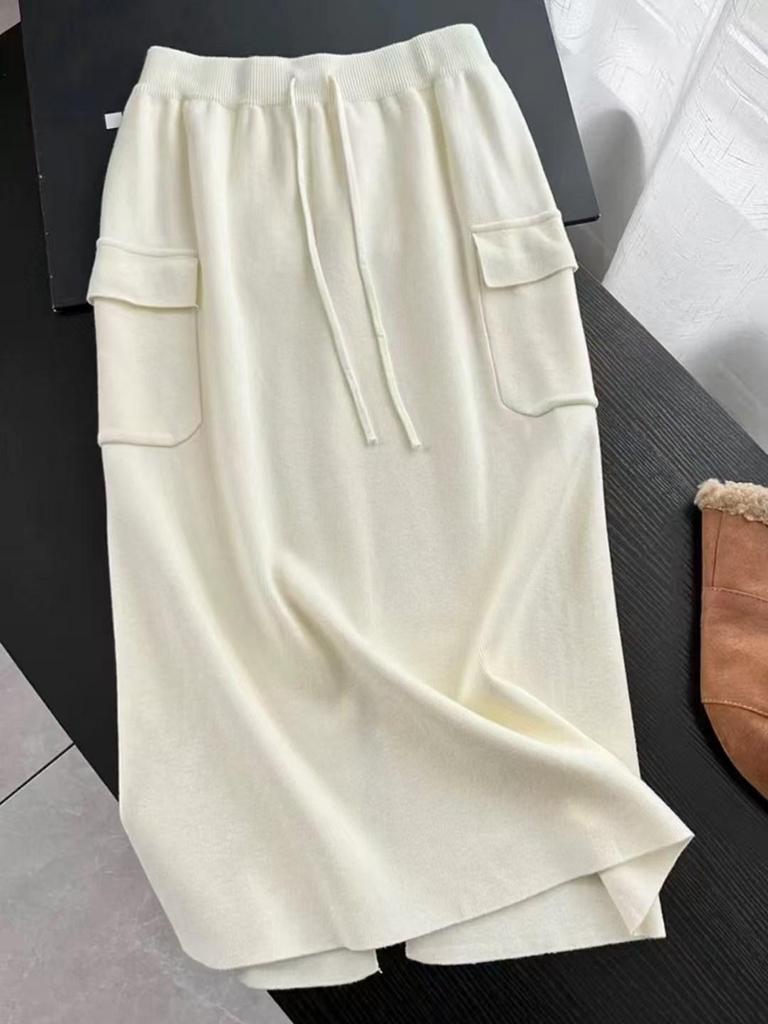 Women's High-Waisted A-Line Midi Skirt with Pockets - Versatile Casual Knit for Spring & Autumn