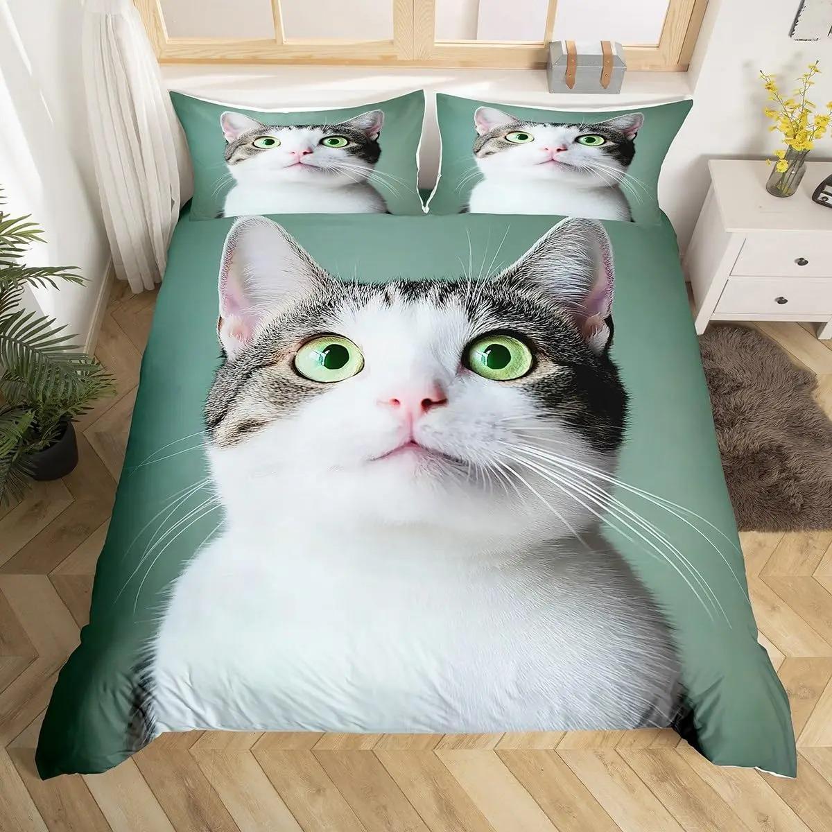 Кавайный кошачий пододеяльник Розовый бантик Котенок Постельный набор Сладкий домашний питомец Животное Покрывало Принцесса Бант Девичий Полиэстер Покрывало 200x200cm