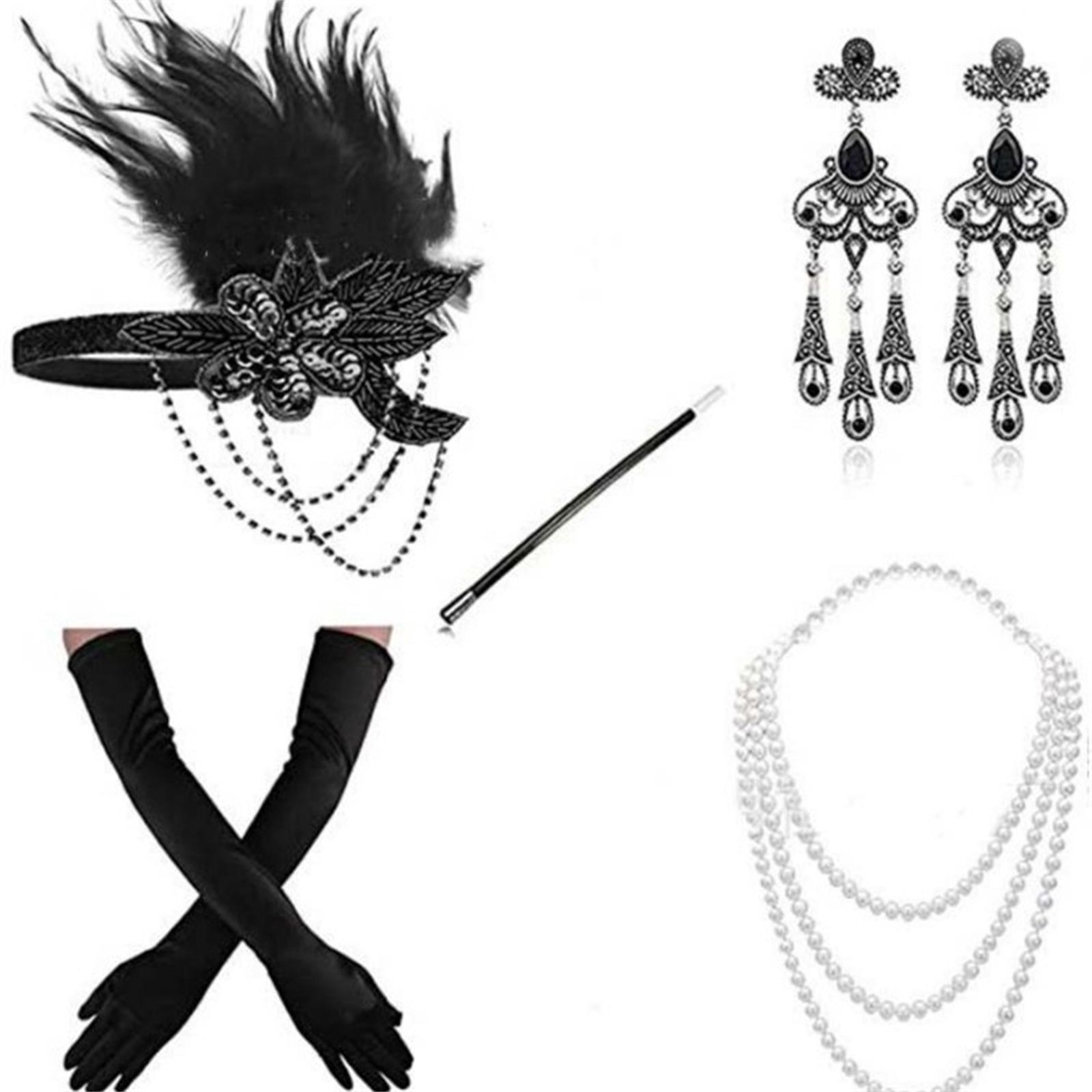 

Танцівниці 1920-х років Чудовий набір аксесуарів для жіночого костюма Перлове намисто Сатинові чорні рукавички Пов язка на голову Флепера L