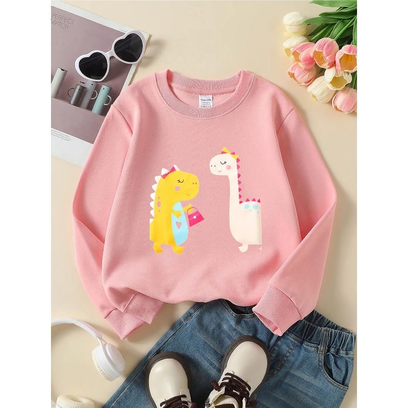 Girls' Crewneck Sweatshirt - Cute Dinosaurs with Bows And Bags Machine Washable, Spring And Autumn
