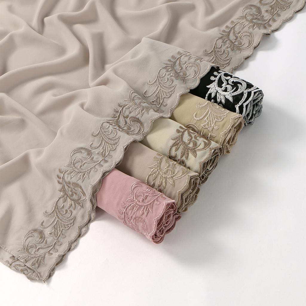 Flower Embroidery Chiffon Hijab Scarf For Woman Muslim Hijabs Fashion Long Shawl Lace Edge Long Scarf Islam Turban Headscarf