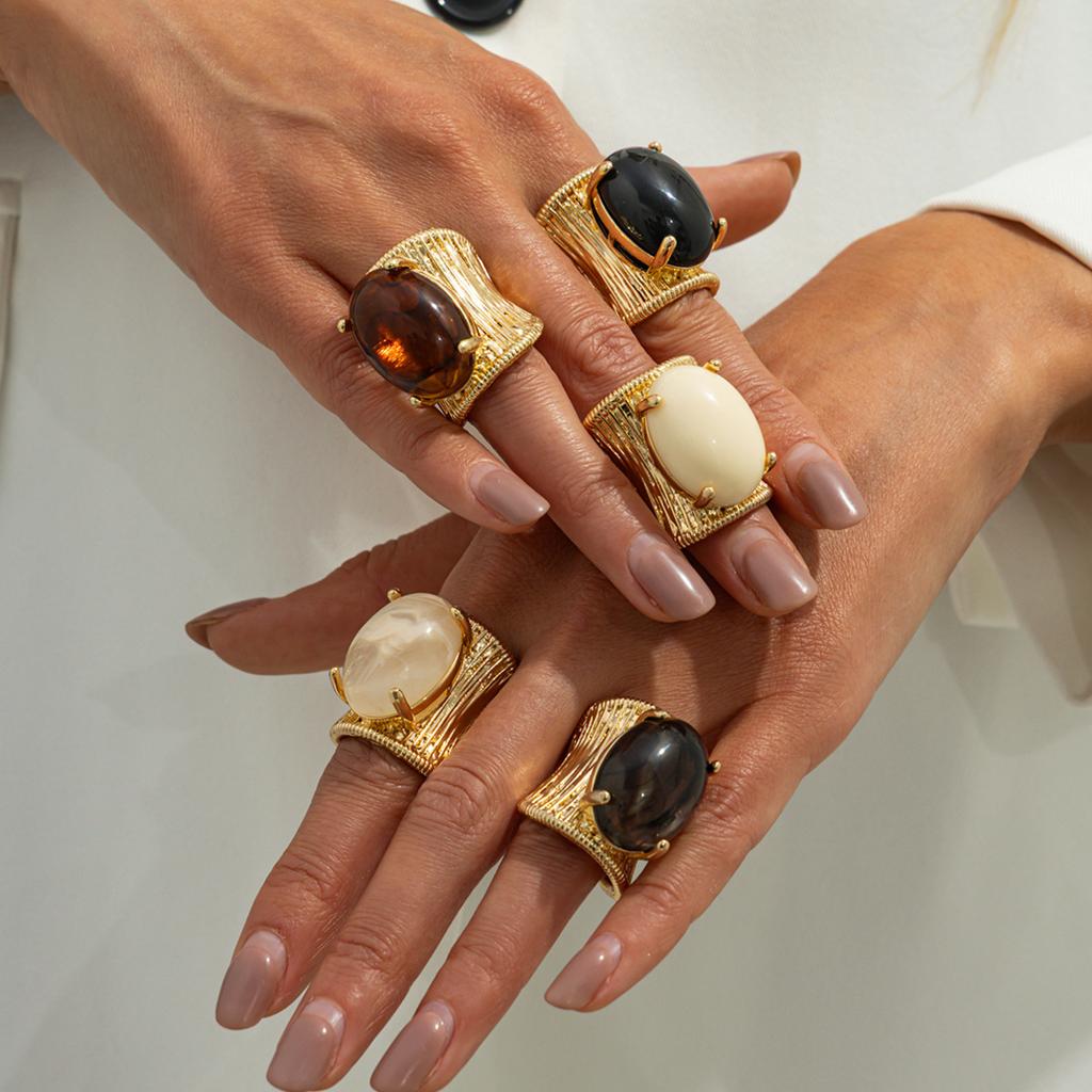SHIXIN 5 Colors Luxury Elliptical Acrylic Chunky Open Rings for Women Vintage Geometric Golden Adjustable Wide Knuckle Ring Gift