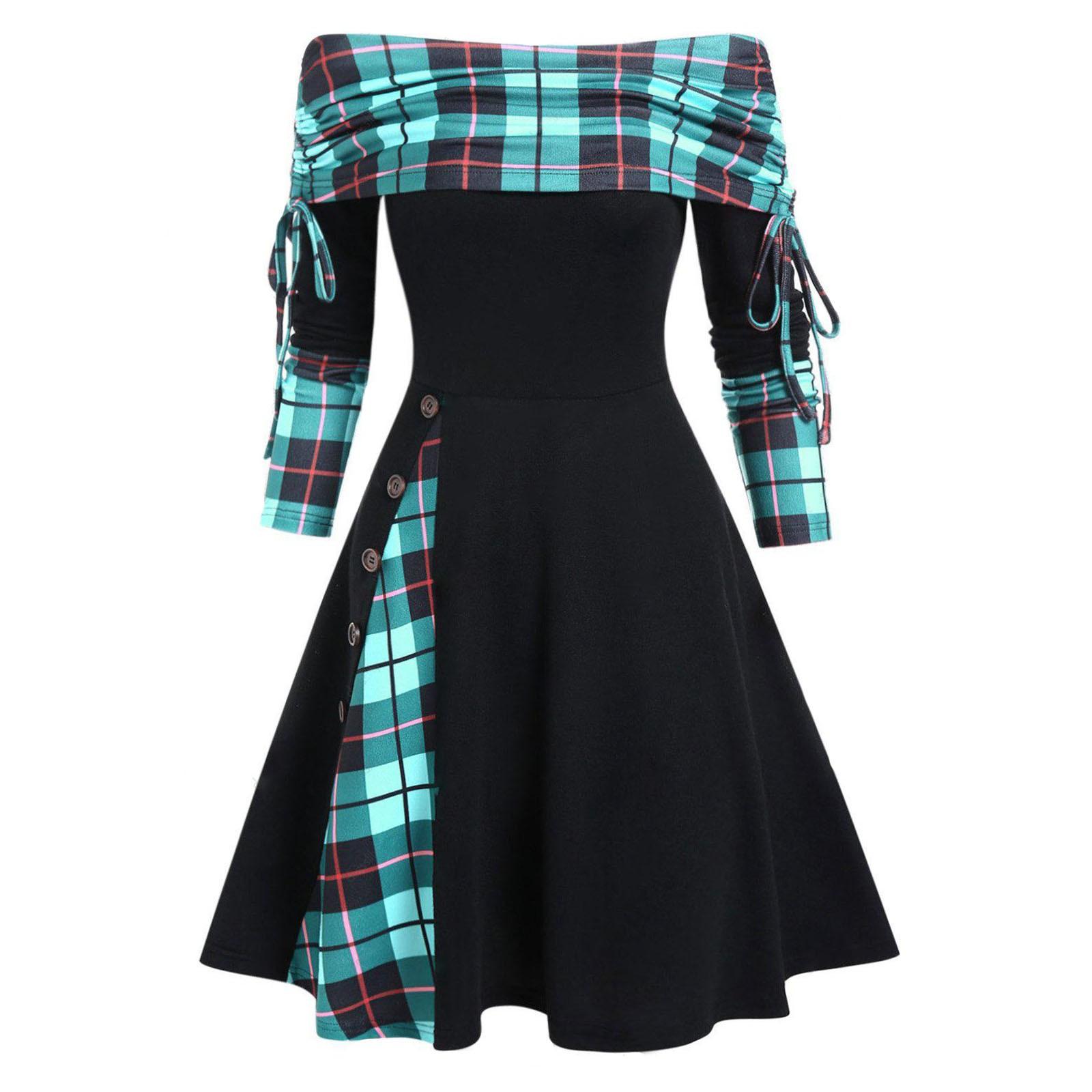 Платье с трансформируемым вырезом в полоску и расклешенным силуэтом с длинными рукавами — фото 4