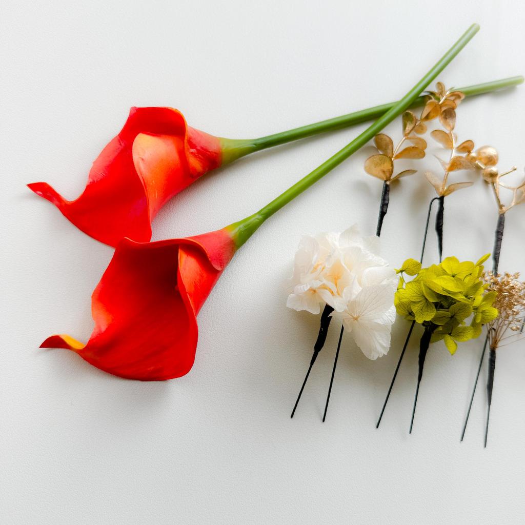 Calla Lily Orange Hair Ornament, Dried Flower, Mizuhiki (decorative Cord), Gold Leaf, for Coming-of-Age Ceremony, Traditional Japanese Attire,