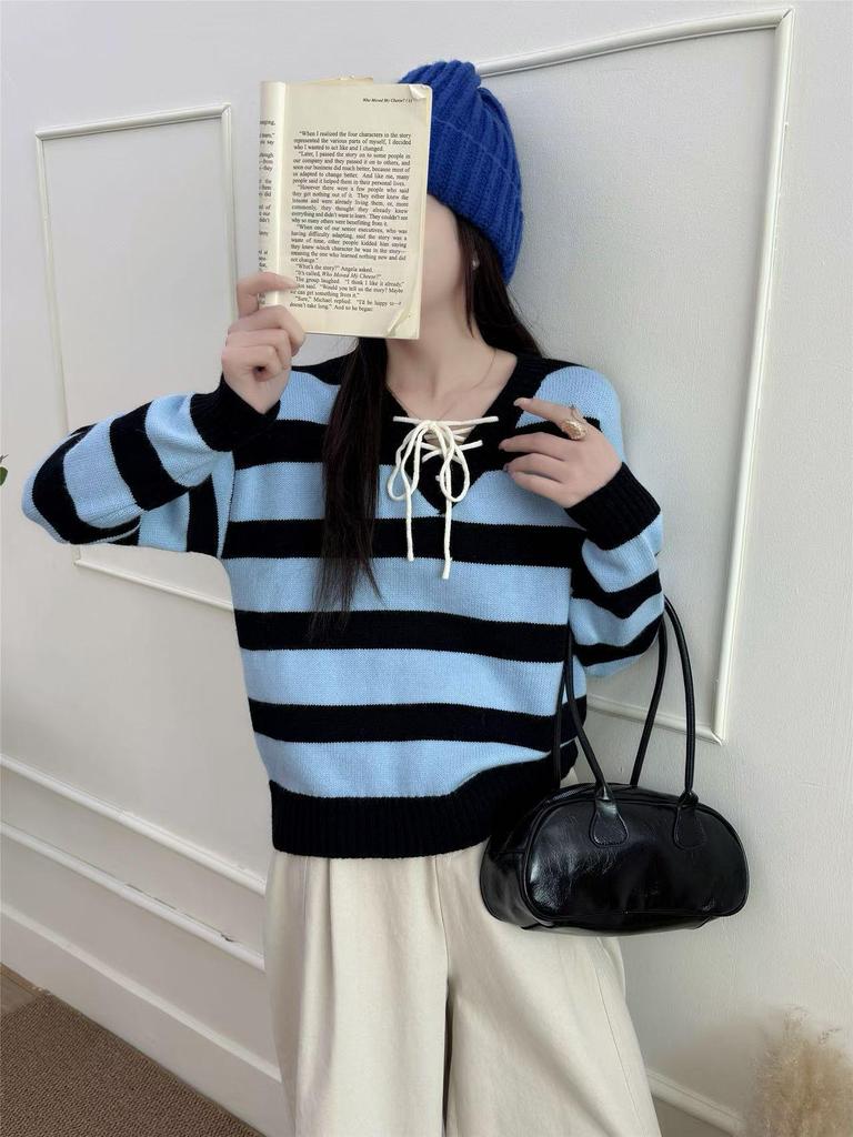 Cross-Color Striped Lace-Up Knit Sweater: Loose Long-Sleeve Top for Women, Perfect for Spring and Autumn