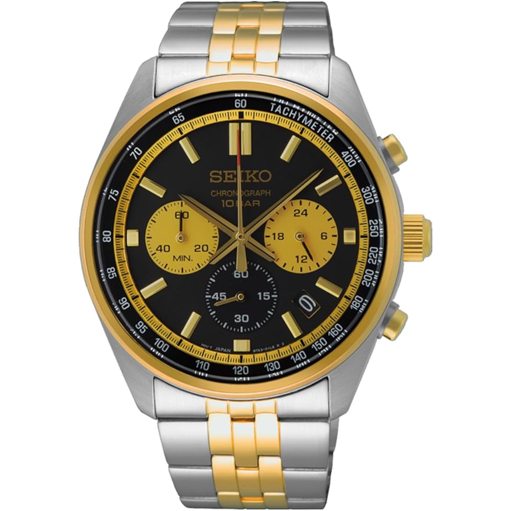 Seiko Two-Tone Chronograph Bracelet Analog Watch SSB430P1 Black Dial Black Band
