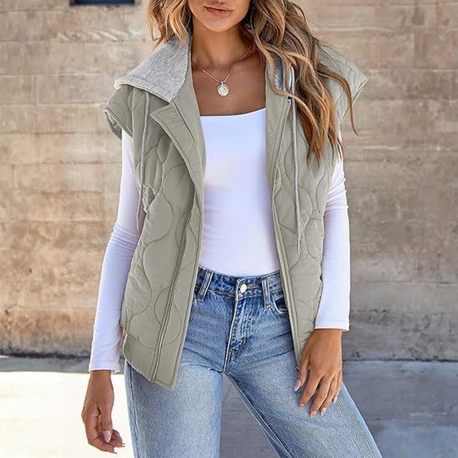 Women s Colorblock Sleeveless All- Drawstring Hooded Vest Jacket S