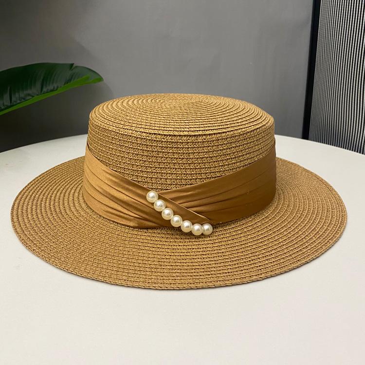 

Шляпа из жемчужной травы с плоским верхом женская летняя элегантная дорожная пляжная шляпа для защиты от солнца модная шляпа от солнца шляпа-цилиндр с плоскими полями Adult 55-58CM