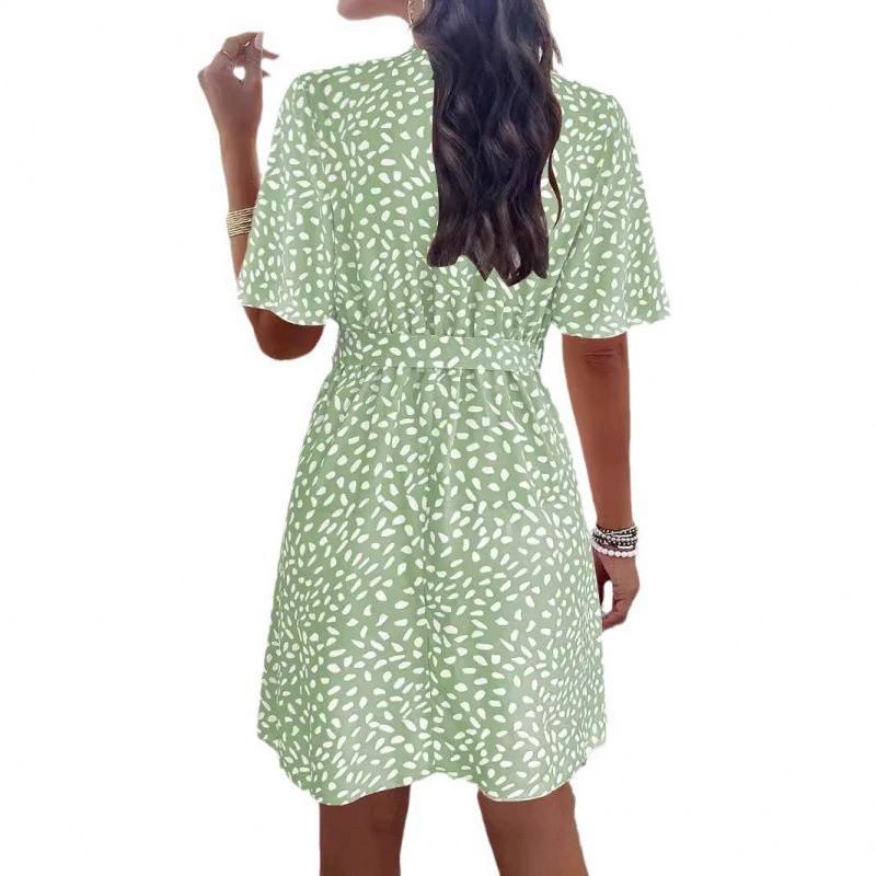 Women's Short-sleeved V-neck Lace-up Polka Dot Printed Short Dress