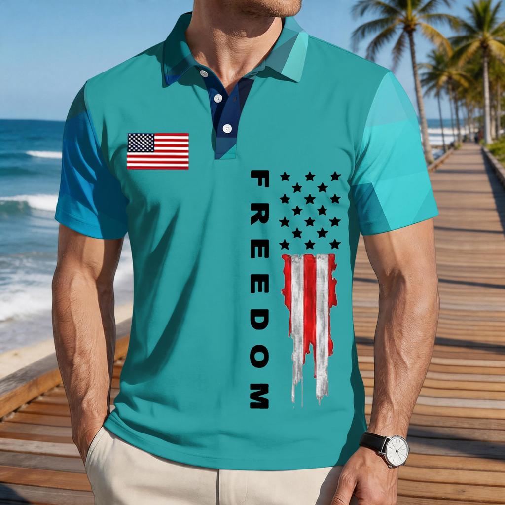 Men's Loose Fit Casual Short Sleeve Polo Shirt with Flag Print and FREEDOM Text Pattern Lightweight Breathable Summer Top