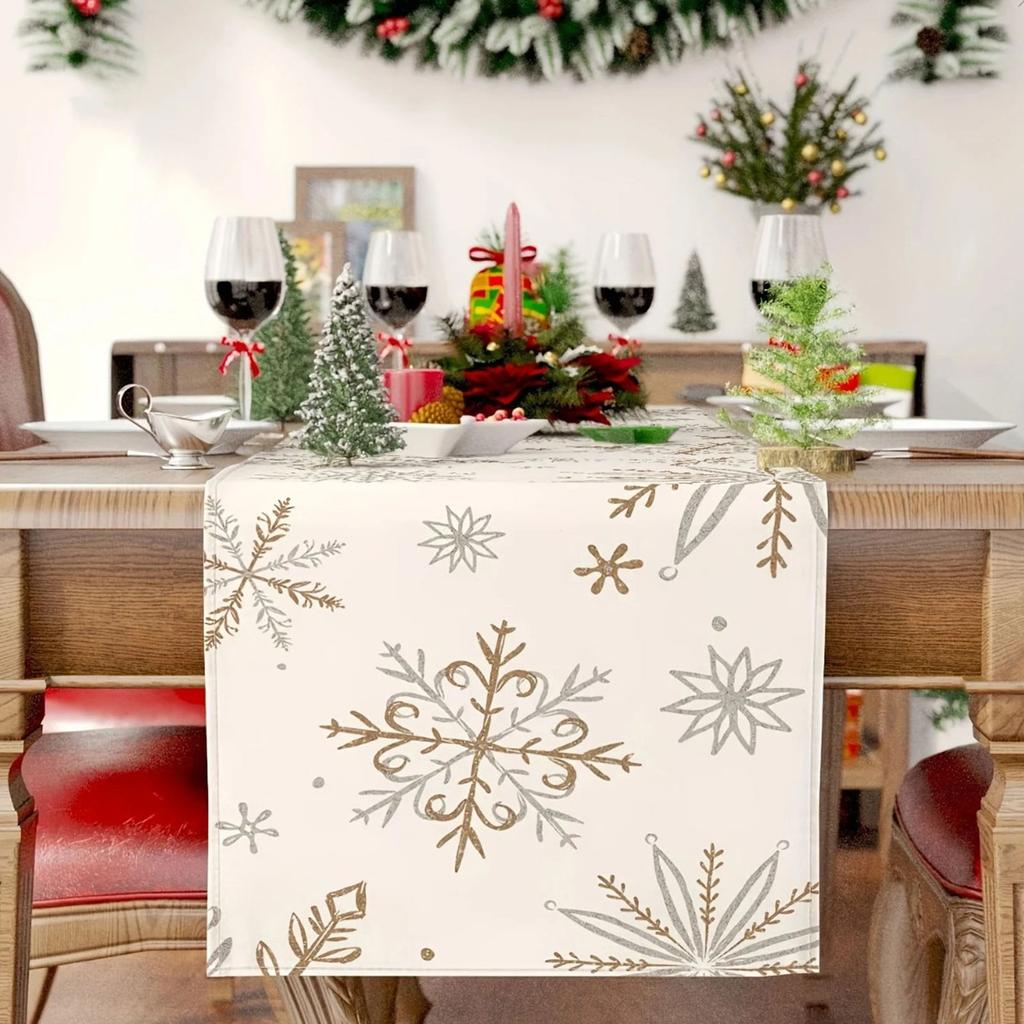Linen Table Runner Tablecloth with Snowflake Pattern Elegant For Winter Christmas and Seasonal Home Decoration