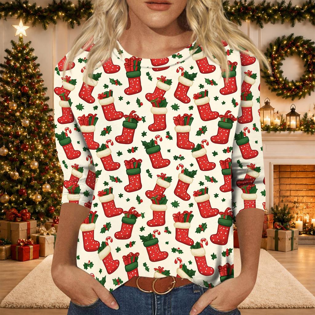 Women's Casual Christmas Print Three-Quarter Sleeve Neck Top