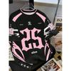 Black and Pink Color-blocked Gothic Short-sleeved T-shirt, Women's Style, Suitable for Dates and Other Occasions.